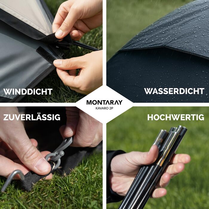 Намет MONTARAY для 2 або 4 особи: двостінний, з захистом від комарів, швидкий монтаж, водонепроникний, вітростійкий, дихаючий, легкий, компактний, з сумкою. Ідеально для кемпінгу та фестивалів (сірий)