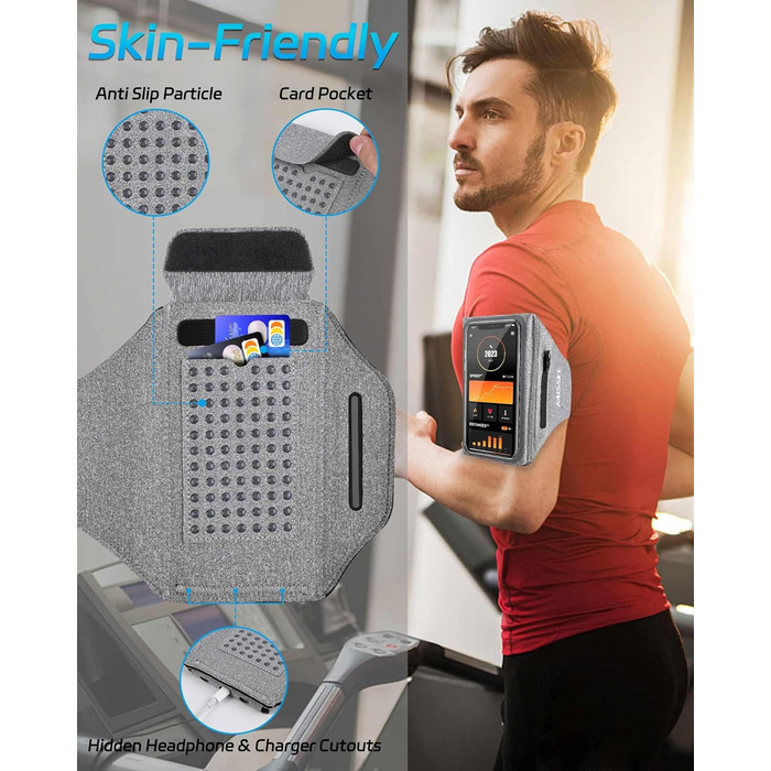 Чохол-тримач для телефону на руку Razobws для бігу з кишенею для навушників, сумісний з iPhone 17 16 15 14 13 12 11 Pro Max, Galaxy S24 S23 Ultra, чорний/сірий (до 6.8 дюймів)