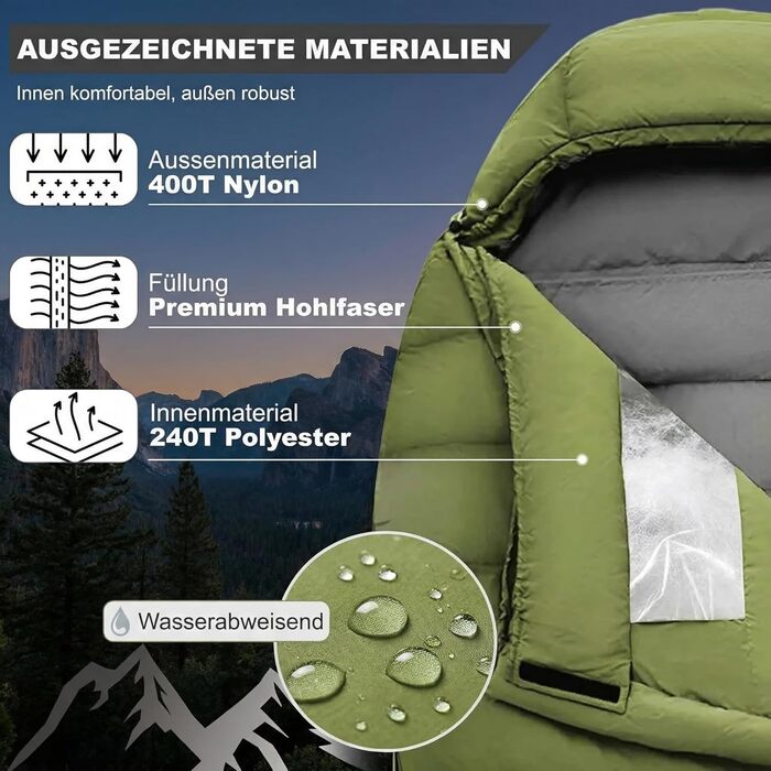 Спальний мішок Mumienschlafsack Norskskin Ultralight 205 Grün - екстремальний (-6°C), з'єднуваний, з кишенею для подушки, правий блискавка
