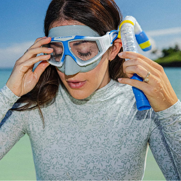 Набір для підводного плавання US.Divers Avila: силіконова маска та трубка з клапаном для дорослих, UV-захист, антифог, захист від протікань, для чоловіків і жінок, водний спорт, білі з синіми лінзами