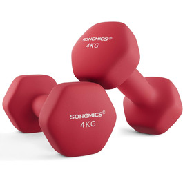 Гантелі SONGMICS 2×4 кг, шестигранні, неопрено́ві, набір для силових тренувань вдома, рубіново-червоні