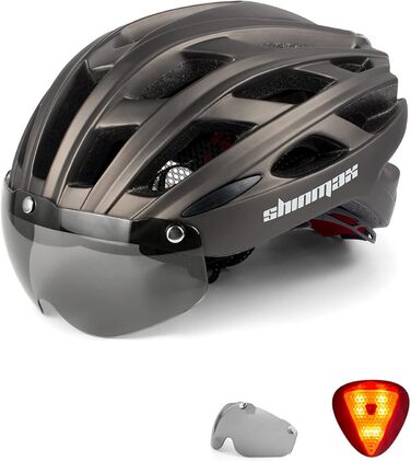 Велошолом Shinmax з візором і світлом, для чоловіків та жінок, магнітні захисні окуляри, регульований, вентиляція, MTB, розмір L (57-62 см), титан
