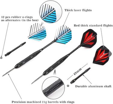 Сталеві дротики Steel Dartpfeile набір 6/12 шт. з металевими наконечниками, алюмінієвими стержнями, 18 пір'ями та гумовими кільцями - 22/23 г