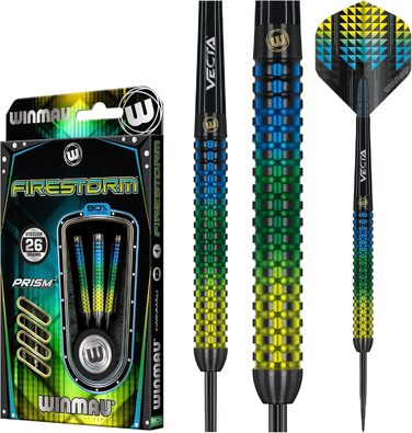 Дротики для дартсу WINMAU Firestorm, вольфрамові, 26 г, сталевий наконечник, набір з оперенням та хвостовиками, професійні