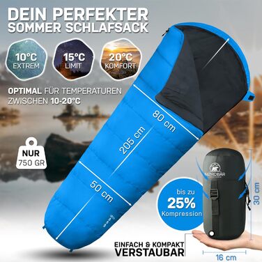 Сплячий мішок NORDBÄR® 3 сезони / літо, ультралегкий [750г/1500г] | Спальний мішок-кокон для кемпінгу | Компактний | Outdoor, подорожі, гірський | Літній, зелений (світло-блакитний)