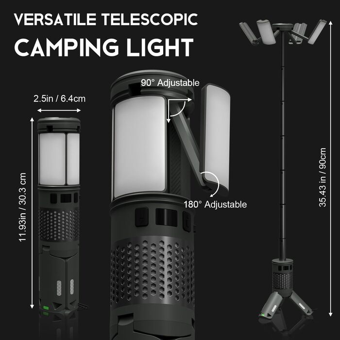 Ліхтар кемпінговий акумуляторний Teleskop Campinglampe 12000 mAh, багатофункціональний, магнітний, водонепроникний IPX5 для кемпінгу та подорожей