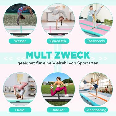 Мата Airtrack Matte для гімнастики, йоги та тренувань: 2/3/4/5/6м, 10/15см товщина, з електричним насосом 600W, для дому, на вулицю, фітнес, гімнастика, зелено-рожевий колір