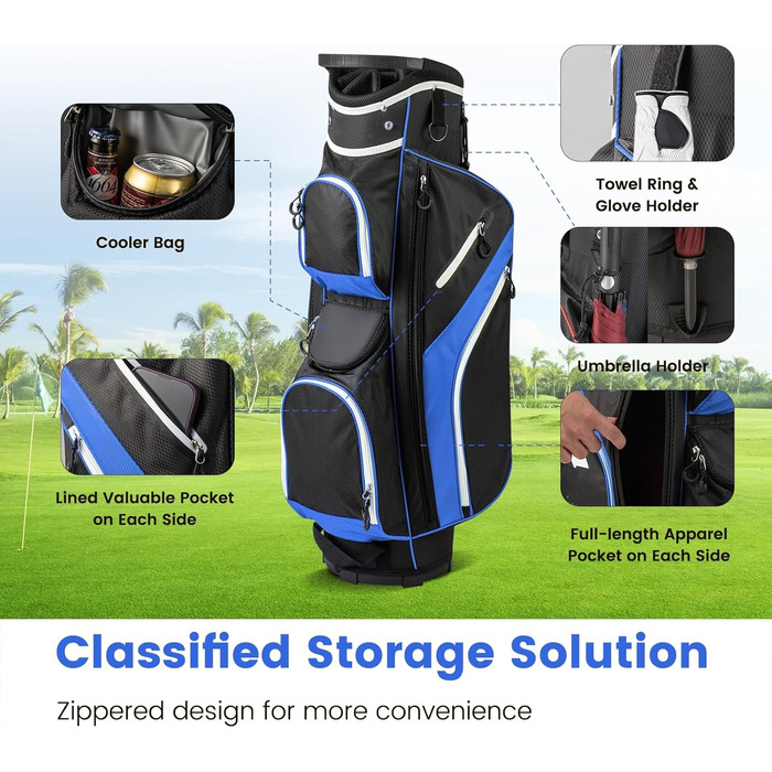 Сумка для гольфу LIFEZEAL Stand Bag з 14 відділеннями, з ременем, тримачем для напоїв, 9 кишень, холодильником, тримачем для парасольки, для чоловіків та жінок, блакитна