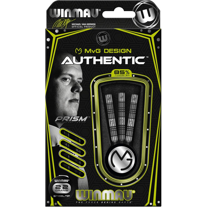 Дротики WINMAU Michael Van Gerwen MvG Authentic 22 г, професійні, вольфрамові, зі сталевим наконечником, з оперенням та хвостовиками