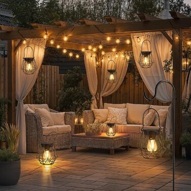 2 Сонячні ліхтарі для вулиці, підвісні, IP65, металеві, LED, для саду, патіо, кемпінгу, газону, чорні (шестикутні)