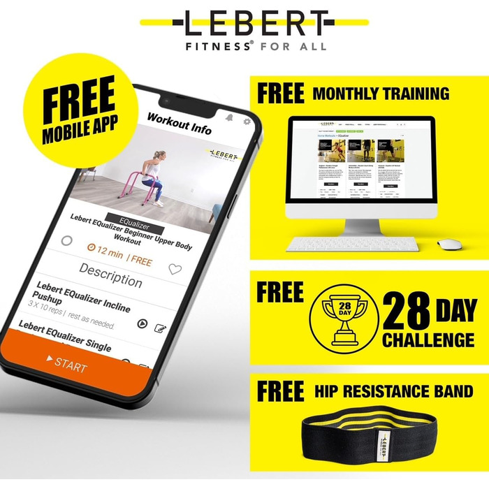Тренажер бруси Lebert Equalizer з еспандером, жовтий, розмір L, для фітнесу та тренувань