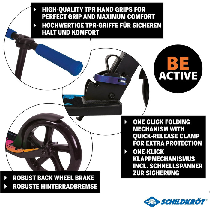 Скутер Schildkröt City Scooter Street Artist 2.0: Алюмінієвий, скласний, з колесами 200 мм, регульований кермо 79-100 см, для дітей та дорослих (Street Artist Blue)