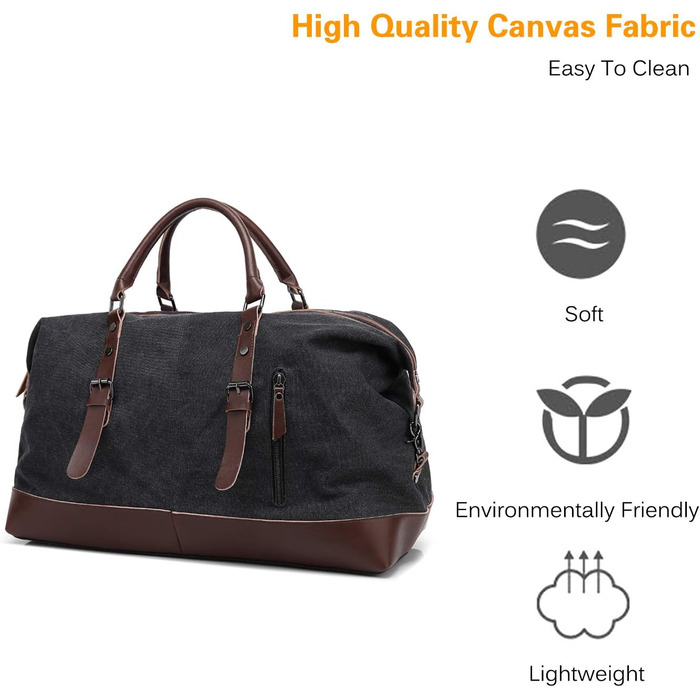 Спортивна сумка для подорожей FANDARE: універсальна дорожня сумка-вікенд з канвасу для жінок та чоловіків, сумка для залу, кемпінгу та пляжу (Чорна)