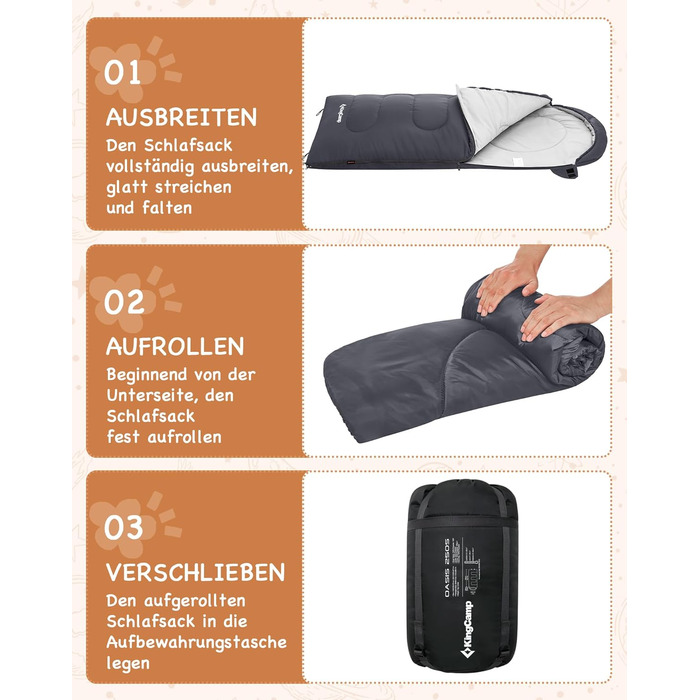 Спальний мішок для дітей KingCamp - легкий, теплий, 3-4 сезони, для кемпінгу та піших прогулянок (сірий, L)