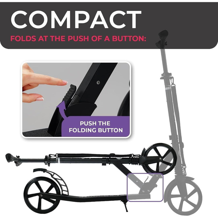 Lascoota Роликовий самокат для дітей від 8 років - для дорослих, складний, з регулюванням висоти, амортизація спереду + ремінь на плече, колеса 20 см, самокат для підлітків (фіолетовий)