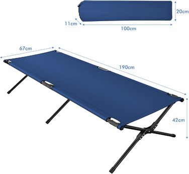 Складне туристичне ліжко GYMAX 190x67x42 см, блакитне. Легке, портативне, для кемпінгу та відпочинку. Максимальне навантаження: 136 кг. У комплекті сумка для перенесення.
