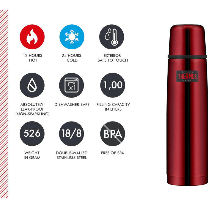 Термос для напоїв Thermos Light & Compact 1 л, нержавіюча сталь, червоний, ізольована пляшка з кришкою-чашкою, зберігає тепло/холод 24 години, герметична, BPA-free, можна мити в посудомийній машині