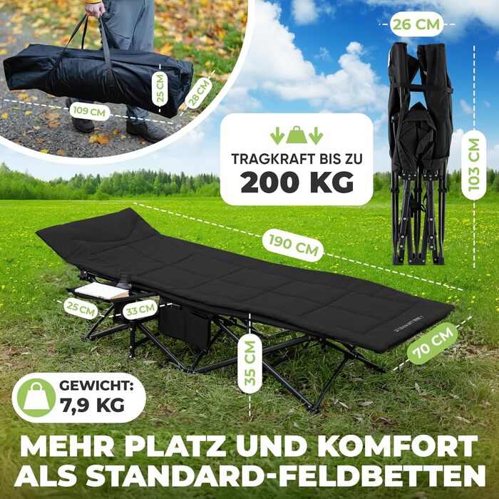 NORDICTRAILS Кемпінгове ліжко NORDICTRAILS - розкладне, XXL, зручне | Розкладне, легке та широке для відпочинку на природі | Гостьове ліжко, лежак, розкладне ліжко, рибальське ліжко, кемпінгове ліжко для коропа з суперм'яким матрацом (з матрацом, чорне)