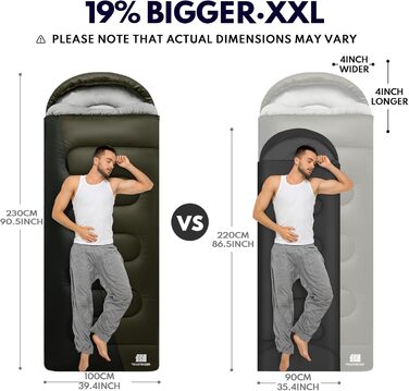 Спальний мішок XXL для дорослих, тепла погода, для кемпінгу, зими, походів, полювання, подорожей (2,4 кг, армійний зелений)