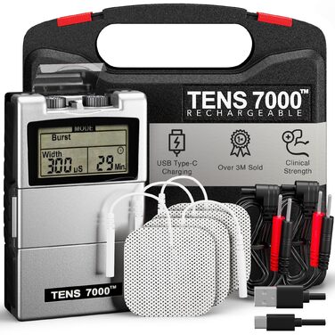 TENS 7000 - Електричний масажер для зняття болю в спині та м'язах. Комплект з 4 електрода. Масажер для м'язової регенерації та росту. Електротерапія TENS.