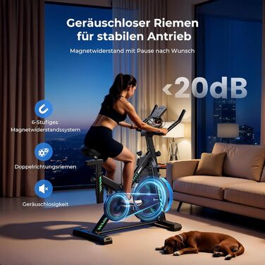 Велотренажер для дому з додатком, магнітний опір, тихий велоергометр, важке махове колесо, посилена сидіння, LCD-дисплей, тримач для планшета, до 150 кг