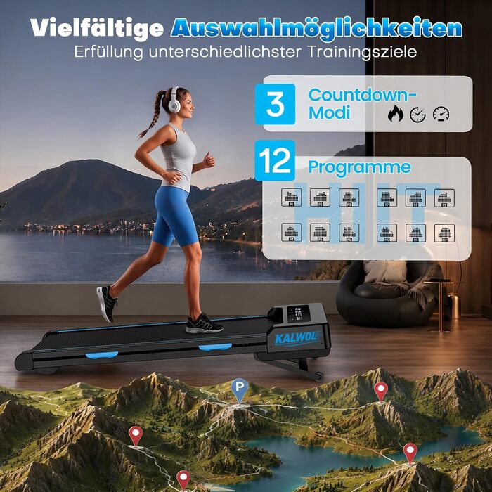 Бігова доріжка Walking Pad з автоматичним нахилом 14%, потужний безщітковий двигун 3.5 HP, швидкість до 10 км/год, LED-дисплей, 12 HIIT-програм, до 180 кг, чорно-блакитна