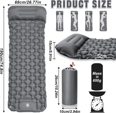 AQXONG Килимок для сну самонадувний, водонепроникний, з насосом та подушкою, ультралегкий, для кемпінгу, подорожей та відпочинку на природі - сірий