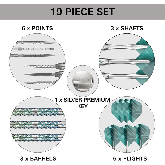 Професійні дартси Target Rove Swiss Point, 90% вольфраму, стілдарти, 23 г, зелено-сріблясті, набір з інструментом