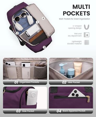 Спортивна сумка LOVEVOOK для подорожей: 37L, з культ. сумкою, відділенням для взуття та мокрих речей. Ідеальна для спортзалу, йоги, подорожей та авіаперельотів. Чорно-фіолетовий колір.