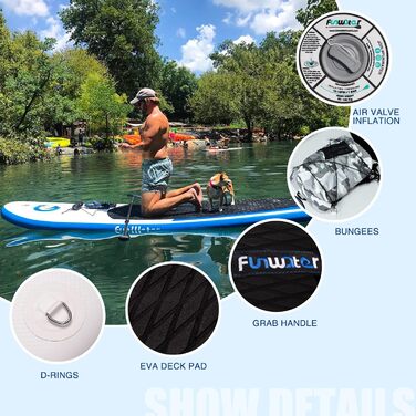 Надувна SUP-дошка FunWater з регульованим веслом, насосом, антиковзким EVA покриттям, страховочним шнуром і сидінням для дорослих SMILE
