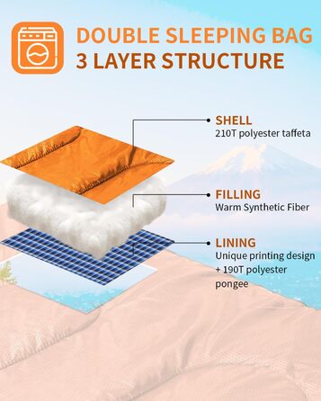 Сплячий мішок Outdoor Sportneer для 2 осіб: двомісний спальний мішок на 3 сезони, 220x150 см, 2.75 кг з 2 подушками, для дорослих, оранжевий (без фланелевої підкладки)