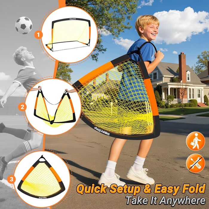 Ворота для футболу Happy Jump Pop-Up - складані для дітей та дорослих | 1 або 2 ворота: 120x90 / 152x110 / 213x152 см | З м'ячем, насосом, конусами та мішенню | Для саду та подарунка