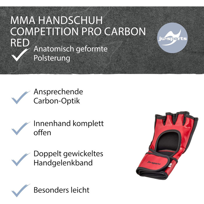 Професійні MMA рукавички Ju-Sports Competition Pro Carbon, червоні, PU, з анатомічною амортизацією для змагань
