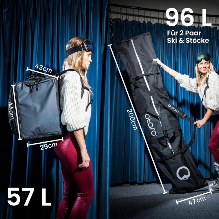 Чохол для лижних черевиків Otaro з відділенням для шолома | Сумка для лиж, шолома та аксесуарів | Водонепроникний, міцний | Комплект: сумка для черевиків (57л) + сумка для лиж XL (на 2 пари), сірий
