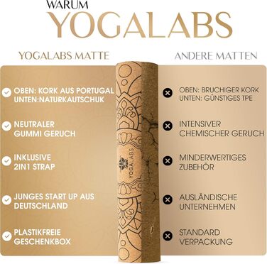 YOGALABS® Преміум 2-в-1 йога-мат із корка та натурального каучуку, 183×61×0,4 см, з ременем для перенесення, нековзкий, екологічний, для йоги, пілатесу та фітнесу, мандала