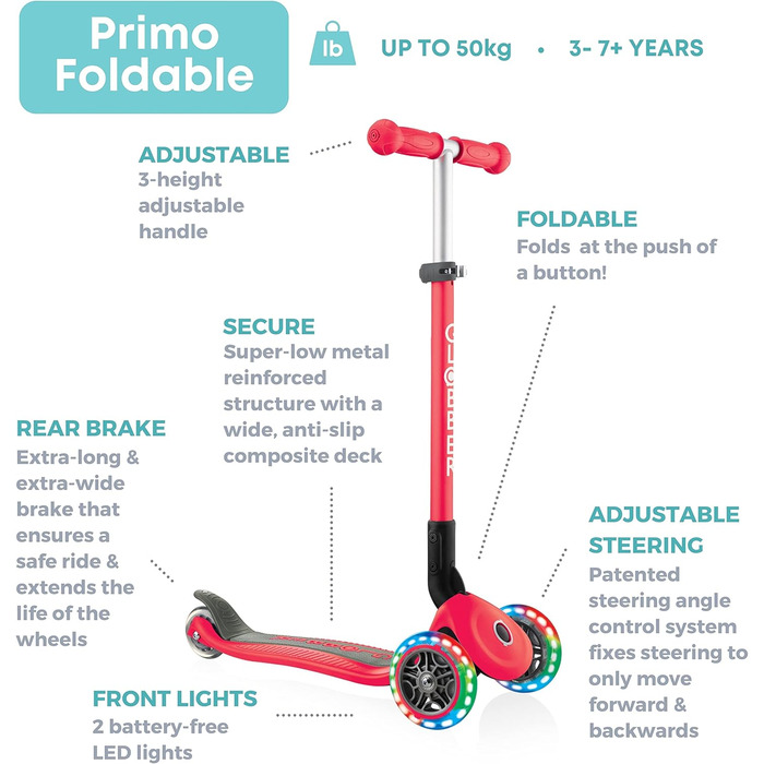 Дитячий самокат Globber Primo FOLDABLE LIGHTS, складаний, з підсвіткою, 3 колеса, для дітей 3-6 років