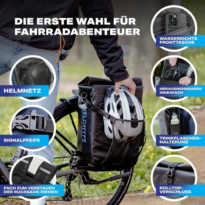 Велосумка Velohype 3-в-1 для багажника, рюкзак, водонепроникна 25 л, з відбивачем, карбон-чорна, з кріпленням для шолома, зносостійкий матеріал Hydroguard