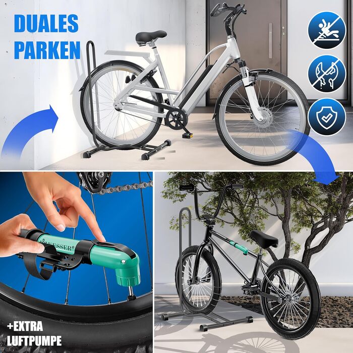 Підставка для велосипеда KESSER® для MTB, E-Bike, Citybike, шосе, з повітряним насосом. Підходить для шини до 65мм. (Антрацит, 2 шт.)