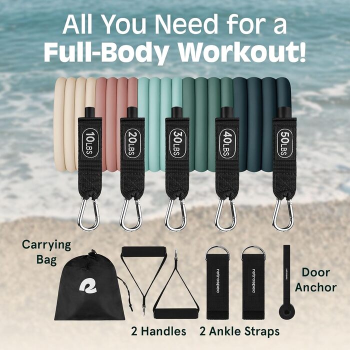 Тренувальні стрічки Retrospec з ручками, кріплення для дверей, сумка для перенесення, 5 шт. (для жінок та чоловіків)