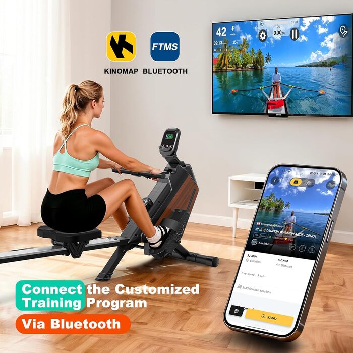 Магнітний тренажер для дому з регулюванням опору (16 рівнів), тихий (<30dB), складаний (0,28м²), синхронізація з Kinomap APP, максимальне навантаження 160 кг - ідеальний для кардіотренувань та загальної фізичної підготовки, з імітацією текстури дерева