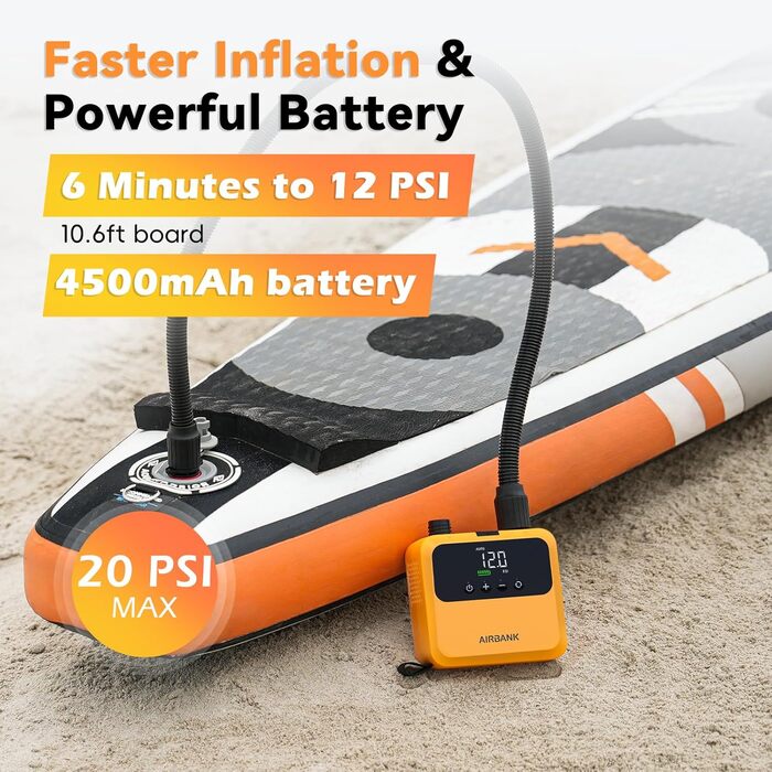 Електричний портативний насос AIRBANK PULSE Pro для SUP-дощок, каяків та човнів, 20 PSI, безщітковий двигун, помаранчевий