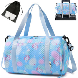 Спортивна сумка для дівчаток з єдинорогом, водонепроникна, з відділенням для взуття та мокрих речей, маленька сумочка для подорожей, фітнесу, школи, спорту (Блакитна)