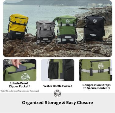 Водонепроникний рюкзак STOVER Dry Bag, 40 л, для каякінгу та водних активностей, з надійним Roll-Top, плаваюча сумка з фронтальною кишенею та світловідбиваючим елементом (Зелений)