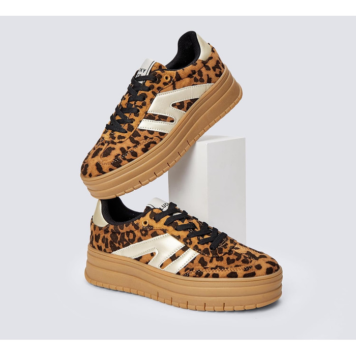 Кросівки LUCKY STEP Plateau Sneaker для жінок - платформа, канвас, ретро стиль, низький профіль, зручні для повсякденного носіння, бежево-зелені (41 EU, леопард)
