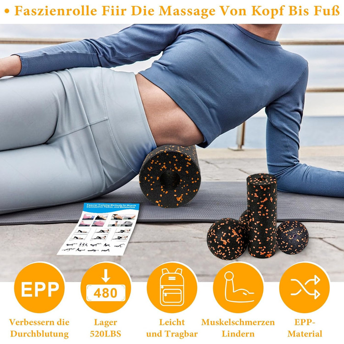 Набір для міофасціального релаксу: Foam Roller, м'ячик для фасцій, міні-ролик, дуобол для йоги та масажу (Синьо-чорно-помаранчевий)