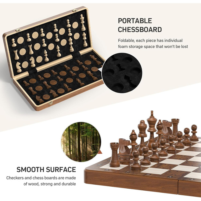 Магнітна шахова дошка 2в1 Paom 40.5x40.5 см: дерев'яна, складана, з фігурами для дорослих та дітей