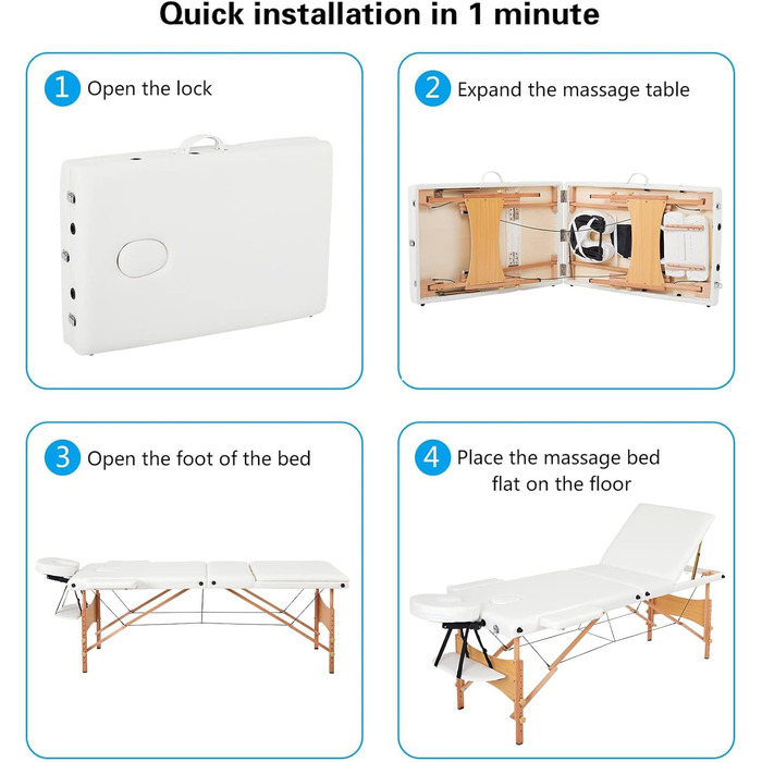 Мобільна массажна кушетка Mondeer, складана терапевтична кушетка, легкий масажний стіл, регульована висота, 3 зони (білий)