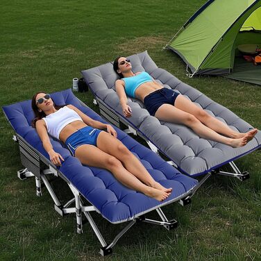 Складне кемпінгове ліжко з матрацом та кишенями, вантажопідйомність 200 кг, сталевий каркас, Oxford тканина, 190 x 71 x 36 см, для саду, офісу, кемпінгу, басейну, блакитне