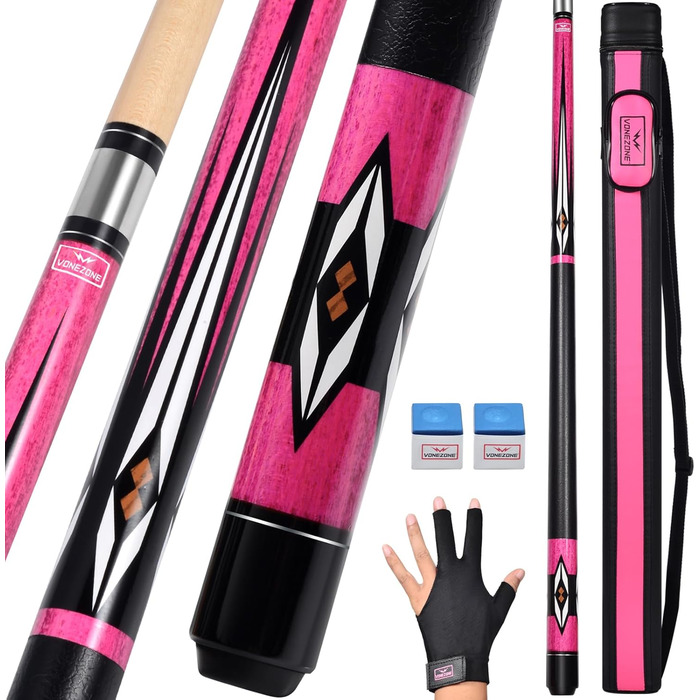 Pool-Queue Vonezone: Професійний кий для більярду з жорстким кейсом, 147.3 см, рожевий/помаранчевий/зелений