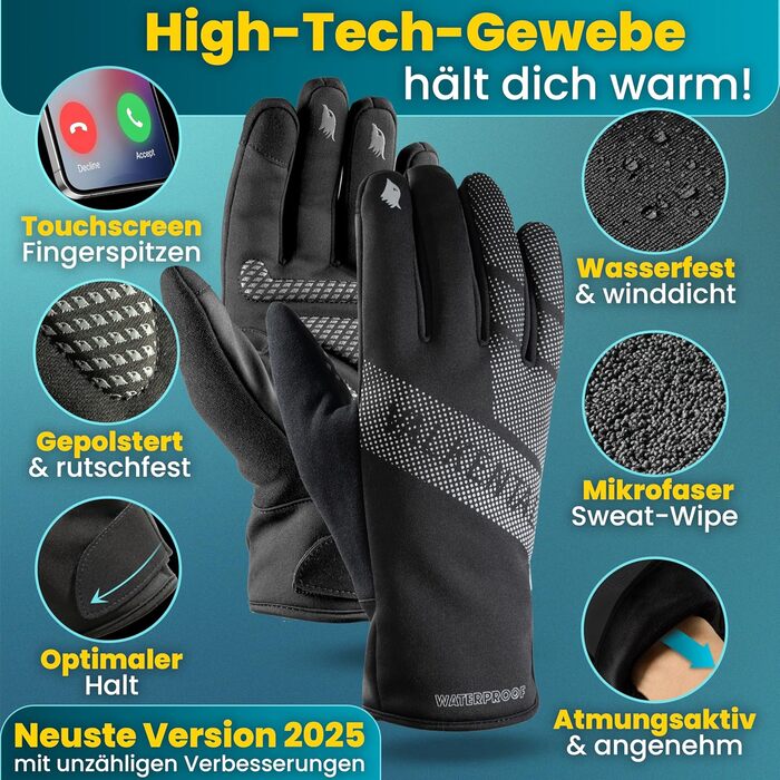 Водонепроникні велосипедні рукавички Valkental® GloRider з ізоляцією 3M | З підкладкою та зчепленням | Зимові та перехідні рукавички [Чоловічі та жіночі] з функцією сенсорного екрану - Чорний XL (до -4°C, 4-шарові)